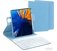 AnMengXinLing Funda de teclado vertical para iPad de 9ª/8ª/7ª generación, funda magnética giratoria de 360° con soporte para lápiz para iPad9/iPad8/iPad7/Air3/Pro 10.5, rotación de 360º, azul y blanco