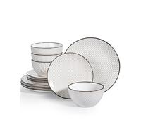 Anmula Vajilla (12 piezas): Platos, fuentes y tazones de cerámica, tazón de cereal con relieve de 768 ml, plato llano de 26,7 cm, plato para ensalada de 21,6 cm, apta para microondas y horno, blanco