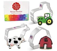 Ann Clark Cookie Cutters Juego de 3 cortadores de galletas campo/granja con libro de recetas, granero, tractor y vaca