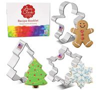 Ann Clark Cookie Cutters Juego de 3 cortadores de galletas Navidad/festividades con libro de recetas, copo de nieve, hombre de jengibre y árbol de Navidad - Acero fabricado en EE. UU.