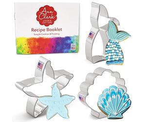 Ann Clark Cookie Cutters Juego de 3 cortadores de galletas sirena con libro de recetas, cola de sirena, estrella de mar y concha marina - Acero fabricado en EE. UU.