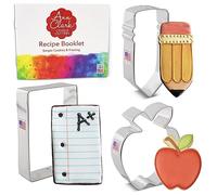 Ann Clark Cookie Cutters Juego de 3 cortadores de galletas vuelta al cole con libro de recetas, manzana, lápiz y papel