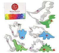 Ann Clark Cookie Cutters Juego de 5 cortadores de galletas dinosaurio con libro de recetas, triceratops, estegosaurio, tiranosaurio, brontosaurio y huella de dinosaurio - Acero fabricado en EE. UU.