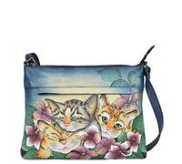 Anna by Anuschka Bolso Bandolera de Piel auténtica Pintada a Mano para Mujer, tamaño Mediano, diseño, Color, Tres Gatitos Azules, Einheitsgröße