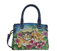 Anna by Anuschka Bolso pequeño de Piel auténtica Pintado a Mano para Mujer, Tres Gatitos, Color Azul, Three Kittens Blue, Talla única