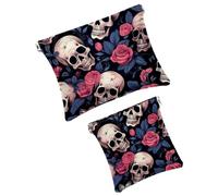 Anna Cowper 2 bolsas de maquillaje pequeñas para bolso, calaveras de azúcar, rosas, bolsa de cosméticos, bolsa de cosméticos, mini bolsa de maquillaje portátil de viaje para mujeres regalos,