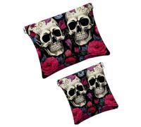 Anna Cowper 2 bolsas de maquillaje pequeñas para bolso, calaveras de azúcar, rosas, bolsa de cosméticos, bolsa de cosméticos, mini bolsa de maquillaje portátil de viaje para mujeres regalos,