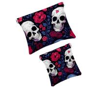 Anna Cowper 2 bolsas de maquillaje pequeñas para bolso, calaveras de azúcar, rosas, bolsa de cosméticos, bolsa de cosméticos, mini bolsa de maquillaje portátil de viaje para mujeres regalos,