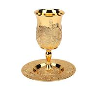 Annadue Juego de Copas Kiddush Doradas, Copa de Vino de Aleación de Zinc con Plato para Boda de Shabat, 15 Cm de Altura, Plato de 13,3 Cm (color dorado)