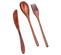 Annadue Juego de Cubiertos de Madera, 3 uds., Cuchillo, Tenedor, Cuchara, Vajilla Reutilizable Portátil, Cubiertos de Postre de Madera Natural para Viajes, Camping, Casa, Hotel
