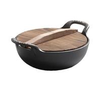 Annadue Wok de Hierro Fundido sin Revestimiento, Sartén para Cocina de Inducción con Tapa de Madera, Asas Dobles, Antiadherente, para Cocinar Freír Guisado (32 cm/12,6 pulgadas)