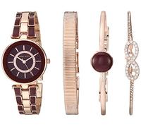 Anne Klein AK/3286 Set de Reloj de Pulsera con Adornos de Cristales con Juego de Pulseras, Burdeos/Oro Rosa