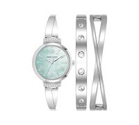 Anne Klein - Juego de reloj de pulsera con detalles de cristal de para mujer, Plateado/Azul claro, AK/2245LBST