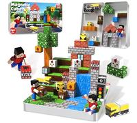 Annexfun Bloques Magneticos Construccion Niños 44 Piezas + 1 Figura en Caja Metálica Portátil - Juego de Construcción de Cabaña, Juguete Educativo Stem con Magnetic Blocks para Niños 3+ Años