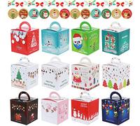 Annhao 12 Cajas de Regalo Navidad con 12 Pegatinas de Navidad, Cajas de Papel Tema Navidad de Colores para Dulces Galletas Cupcakes, Caja con Asas para Regalos Navidad, Regalos de Bricolaje, Fiestas