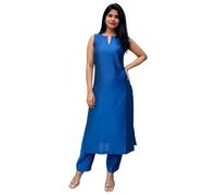 ANNI Designer Mujer Rayón Viscosa Straight Solid Kurta con Palazzo Set | Sin Mangas Ethno Wear | Cómodo atuendo de dos piezas para oficina, ocio y vida cotidiana, azul, XL