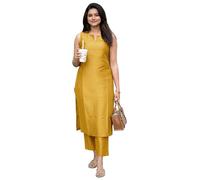 ANNI Designer Mujer Rayón Viscosa Straight Solid Kurta con Palazzo Set | Sin Mangas Ethno Wear | Cómodo atuendo de dos piezas para oficina, ocio y vida cotidiana, mostaza, 5XL