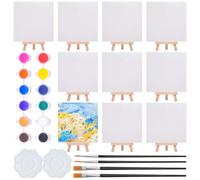 Annickee 10 PCS Mini Lienzos con Caballete, Mini Caballete de Madera y Lienzos Pequeños - 15x15cm, Painting Stand Set con 12 Pigmentos, 4 Pinceles y 2 Bandeja, para Dibujar Decoración de Mesa