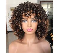 ANNIVIA Peluca rizada afro rizada con flequillo para mujer - Peluca corta rizada rizada para mujer - Sintético resistente al calor - Pelucas cortas afro (marrón sombreado)