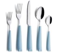 ANNOVA Juego de cubiertos de acero inoxidable con mango colorido, utensilios de cocina, incluye cuchillos de cena, tenedores, cucharas, tenedores de ensalada y cucharas de postre (azul claro, 20