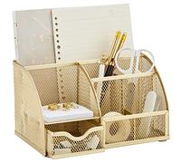 Annova Organizador de escritorio de malla para oficina con 7 compartimentos + cajón/organizador multifuncional para caramelos/bolígrafos/organizador multifuncional (dorado)