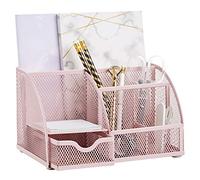 Annova Organizador de escritorio de malla para oficina con 7 compartimentos + cajón/organizador multifuncional para caramelos/bolígrafos/organizador multifuncional (rosa claro)