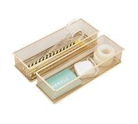 Annova Organizador de malla para cajones y estantes, cesta de almacenamiento, bandeja de almacenamiento para suministros de oficina escolar, juego de 2 (dorado, 22.5x7.5x5cm)