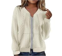 AnnSemo Sudadera con cremallera para mujer, casual, ajuste holgado, manga larga, elegante, color liso, tejido jacquard para mujer, chaqueta de otoño e invierno con bolsillos, beige, S