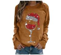AnnSemo Suéter de Navidad para mujer, elegante, con estampado de copa de vino, casual, manga larga, suéter divertido de Navidad, ajuste holgado, cuello redondo, sudaderas ligeras, marrón, S