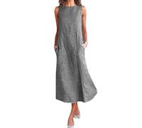 AnnSemo Vestido casual de verano de algodón para mujer, elegante, sin mangas, cuello redondo, vestido largo a rayas, vestido tipo túnica, vestido de vacaciones, playa, vacaciones, vestido camiseta,