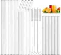 Annvchi Pajitas de cristal reutilizables, 16 pajitas de cristal, 6 cortas + 6 largas rectas + 4 pajitas curvadas + 4 cepillos de limpieza, adecuado para té de burbujas, cóctel, zumos (20 unidades)