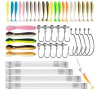 Annyswit 62 Piezas Set de Pececillos de Goma con Cabezas Jig & Anzuelos Offset & Líneas de Acero para Pesca de Lucio 100/70mm Cola en T Cebos Artificiales de Goma para Lucioperca Perch Trucha Cavedano