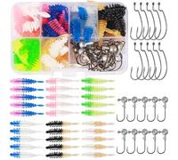 Annyswit Set de 50 Cebo de Caucho para Trucha con Caja, Cebos de Caucho para Trucha con Cabeza Jig & Ganchos Offset, Cebo de Trucha de Caucho, Señuelo Blando con Cabeza Jig para Agua Dulce y Salada