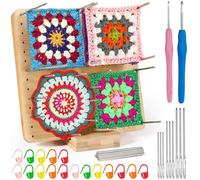 Annyswit Tablero de Bloqueo para Ganchillo Granny Square 19.5 x 19.5 cm de Madera con 20 Clavijas de Acero Inoxidable, 9 Agujas de Lana, 2 Ganchillos y 20 Marcadores para Proyectos de Ganchillo