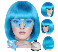 ANOGOL Gorro de pelo + (lentes de sol) peluca azul Bob con flequillo para mujer, pelucas de fiesta azules con forma de estrella, peluca corta de neón para uso diario, fiesta, pelucas divertidas para