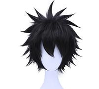 Anogol Gorro de pelo + peluca corta negra para cosplay de anime, peluca negra de capas cortas para disfraz de Halloween, peluca de cosplay de pelo sintético, peluca completa para disfraz de Halloween