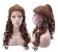 Anogol Gorro de pelo + pelucas de cola de caballo para mujer, rizado, marrón rojizo, cosplay, disfraz de Halloween, cosplay, peluca rizada marrón, peluca de princesa marrón para fiesta de Halloween