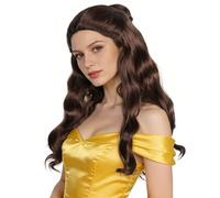 Anogol Gorro de pelo + pelucas de cola de caballo para mujer, rizado, marrón rojizo, cosplay, disfraz de Halloween, cosplay, peluca rizada marrón, peluca de princesa marrón para fiesta de Halloween