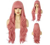 ANOGOL Peluca rizada rosa de 86 cm para cosplay de anime, para mujer, peluca larga rosa con flequillo para disfraz de Halloween