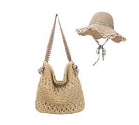 Anopo Set de Sombrero de Paja y Bolso de Playa para Mujer UPF 50+ Sombrero para el Sol de Ala Ancha con Bolsa de Playa de Gran Capacidad, Set de Viaje Plegable para Verano Vacaciones Beige