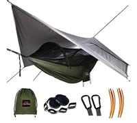 AnorTrek Hamaca de camping con mosquitera y lona para lluvia, hamaca doble portátil con dos correas de árbol, hamaca de nailon 230T y juego de mosca impermeable para senderismo, mochilero, noche