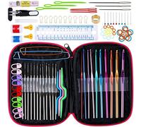 Anpro Juego de agujas de aluminio y otros accesorios para hacer punto/ganchillo, 100 unidades, con estuche en piel rosa