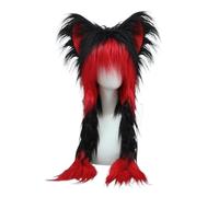ANQKYO Soft Furry Animal Ear Hat With Braids, Plush Cat Ears Beanie For Anime Cosplay, Faux Fur, 37cm X 60cm, Multiple Colors(Red)