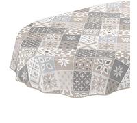 ANRO Mantel de hule lavable con aspecto de azulejos, color beige, gris y azul, ovalado, 160 x 140 cm, con dobladillo, ribeteado