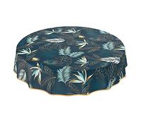 ANRO Mantel de Hule Lavable, para jardín, Redondo, Ovalado, Rectangular, para Interior y Exterior, Hojas, Color Dorado y Azul, Redondo, 120 cm, con Dobladillo, Ribeteado