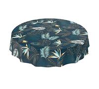 ANRO Mantel de Hule Lavable, para jardín, Redondo, Ovalado, Rectangular, para Interior y Exterior, Hojas, Color Dorado y Azul, Redondo, 100 cm