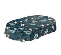 ANRO Mantel de Hule Lavable, para jardín, Redondo, Ovalado, Rectangular, para Interior y Exterior, Hojas, Color Dorado y Azul, Ovalado, 200 x 140 cm