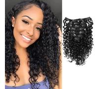 Anrosa Extensiones de cabello humano ondulado con clip, color negro natural, 12 pulgadas, doble trama 1B, extensiones de cabello rizado para mujeres negras, 120 g