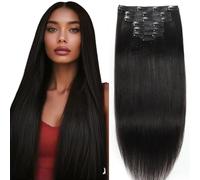 Anrosa Yaki - Extensiones de cabello humano lacio con clip, color negro, 10-22 pulgadas, instalación con clip, estilo versátil y resistencia al calor