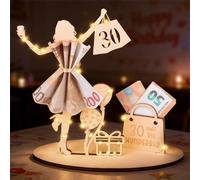 Anruzon 30 cumpleaños regalo mujer - regalos de dinero 30 con cadena de luces LED soporte - placa de madera libro de visitas - regalo personalizado cumpleaños decoración boda mesa aniversario